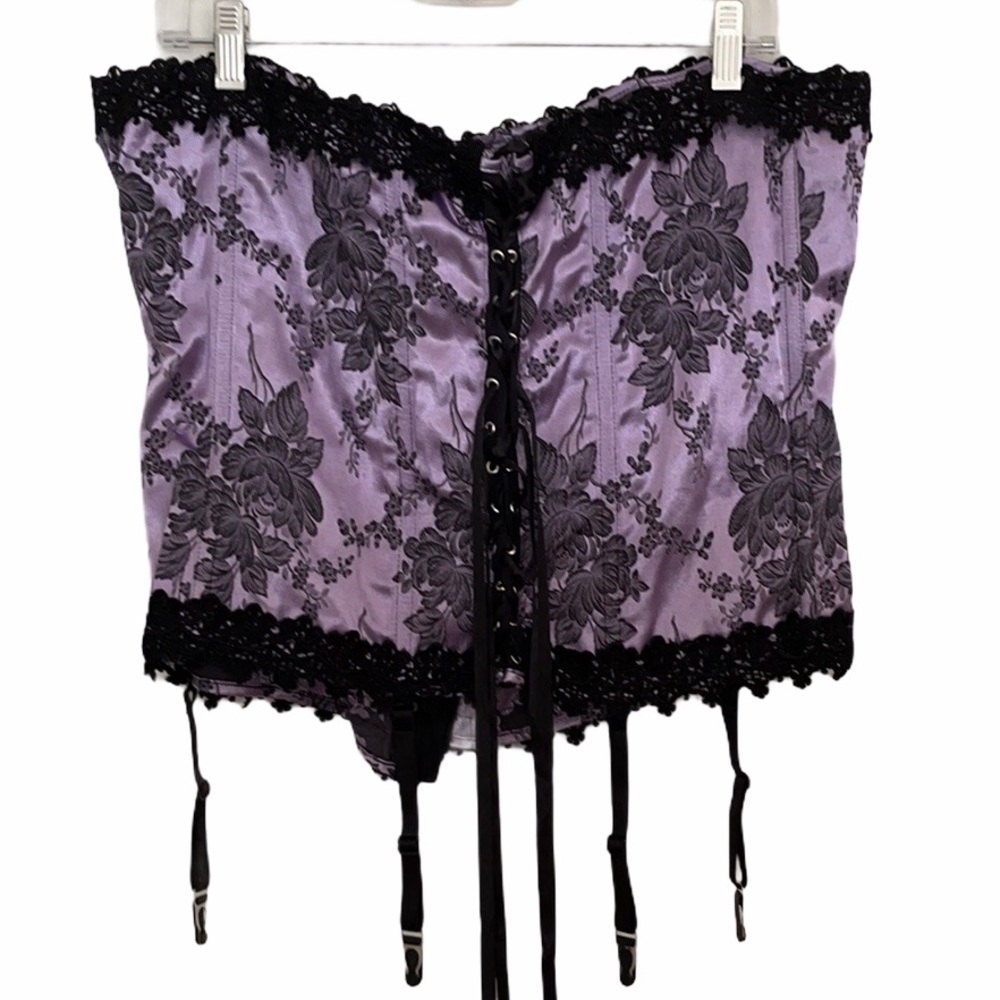 Vintage Intimate Attitudes Lace-Up Bustier Corset Purple Black Floral Size XL